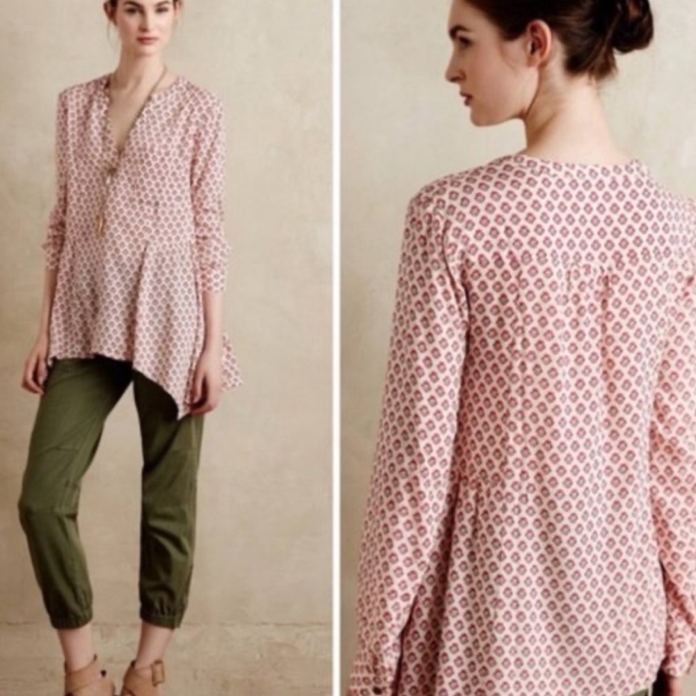 Maeve Laiken Henley Pink Cream Hanky Hem Pleated Asymmetrical Blouse 6